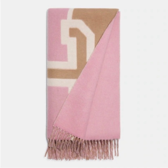 NWT Coach Reversible Colorblock Varsity Print Overrsized Muffler Pink/Taupe - Picture 3 of 6